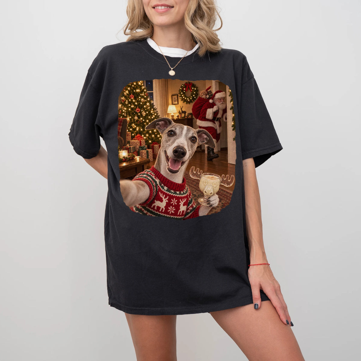 Whippet Eggnog Selfie design on a Black Comfort Colors® T-shirt worn by a model