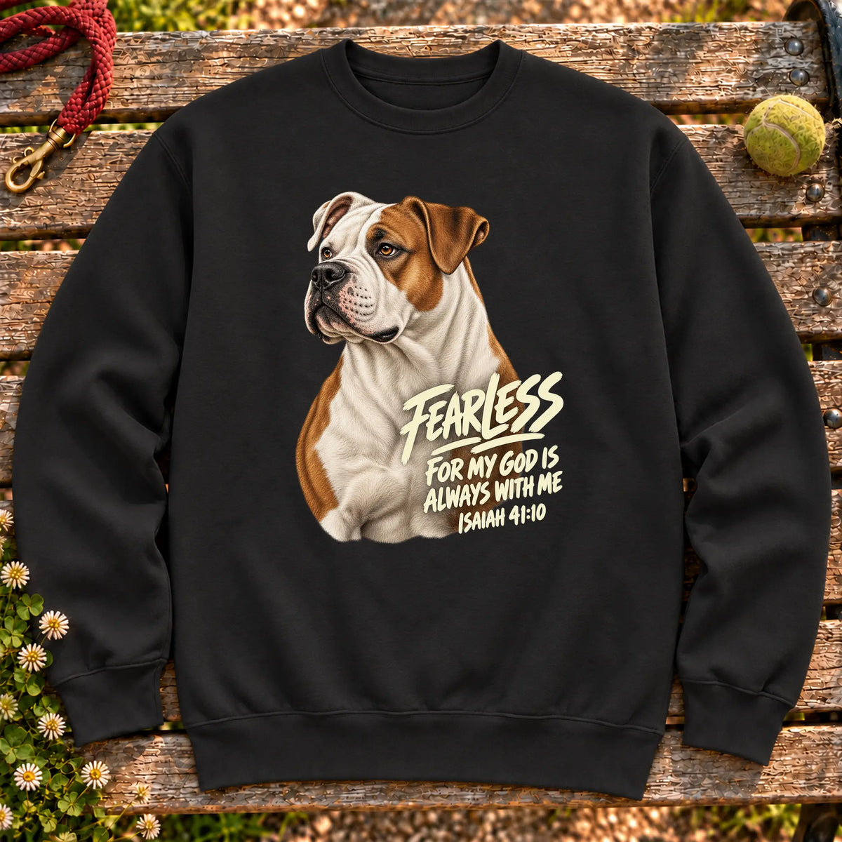 Black sweatshirt with a fearless American Bulldog and Isaiah 41:10