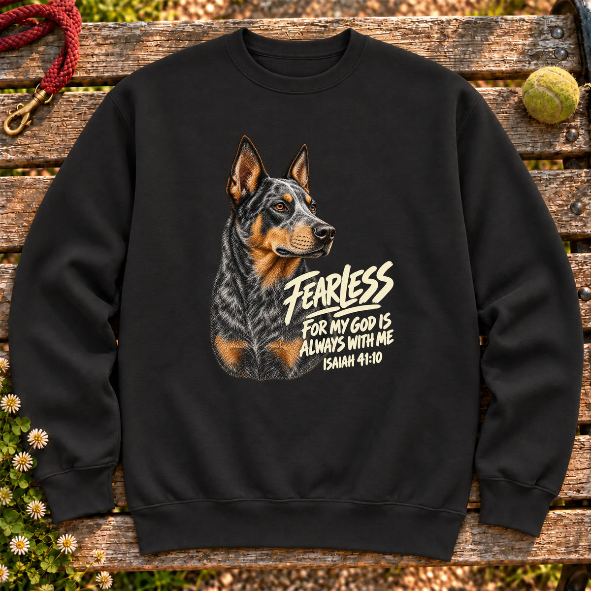 Black sweatshirt with a fearless Blue Heeler and Isaiah 41:10