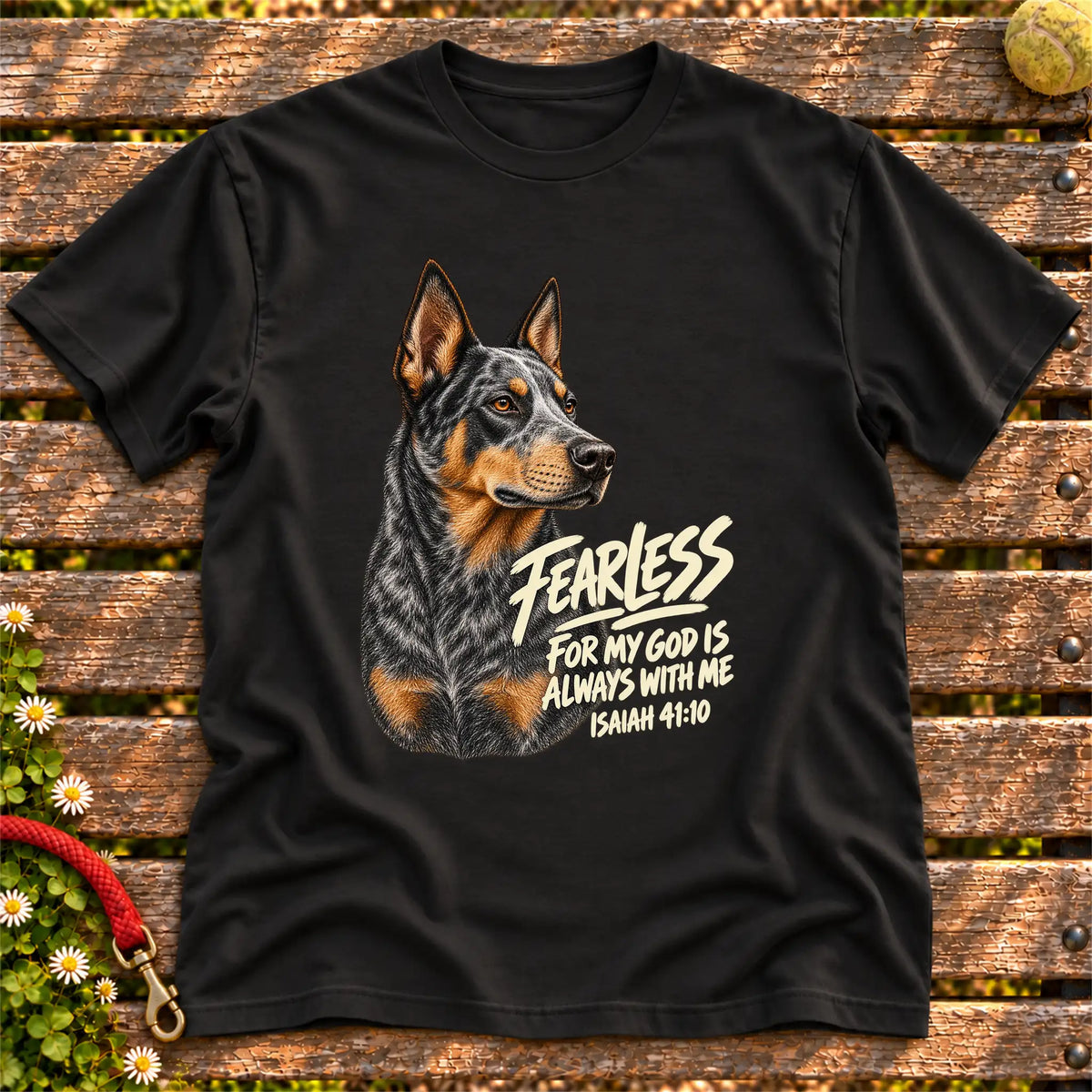 Black T-shirt with a fearless Blue Heeler and Isaiah 41:10