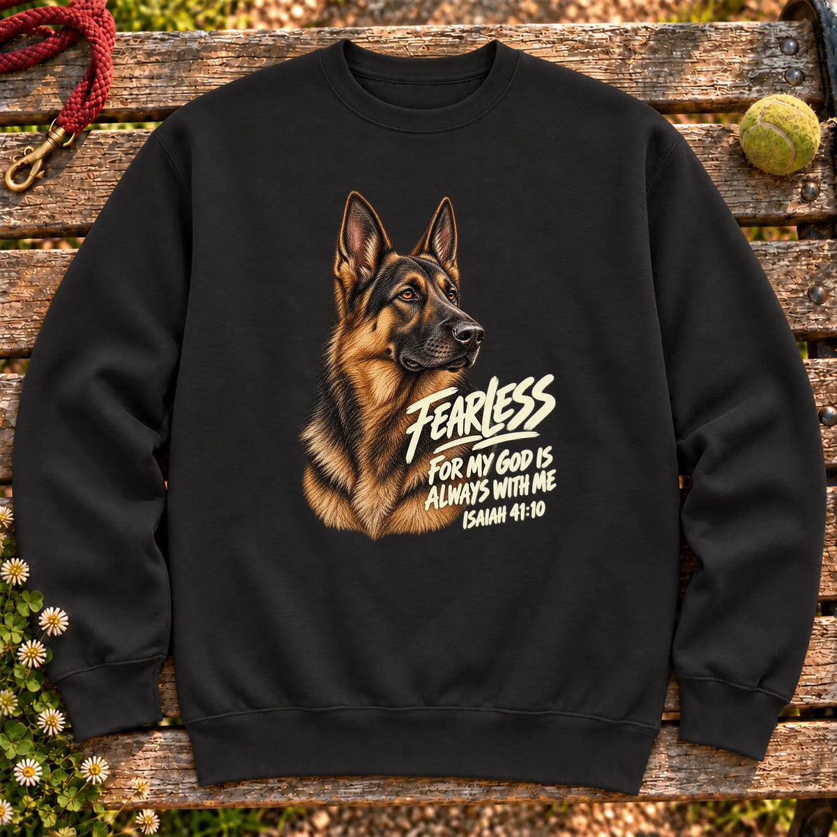 Black sweatshirt with a fearless German Shepherd and Isaiah 41:10