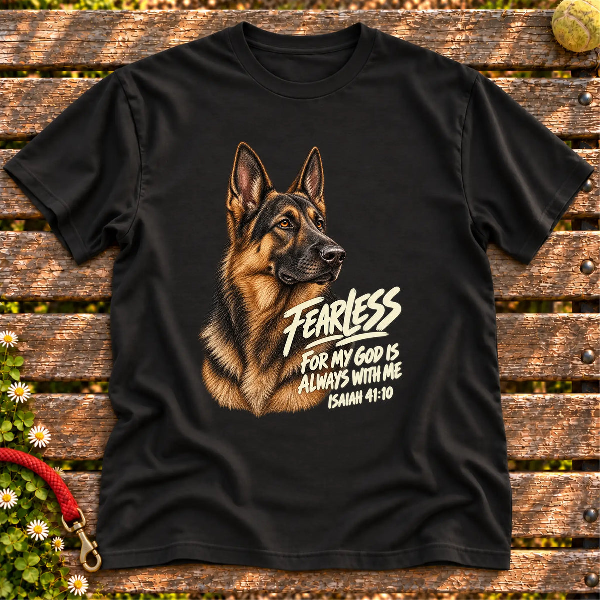Black T-shirt with a fearless German Shepherd and Isaiah 41:10