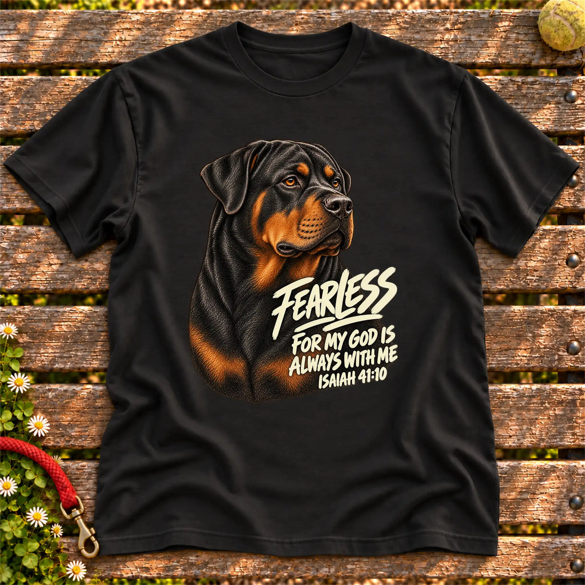 Black T-shirt with a fearless Rottweiler and Isaiah 41:10