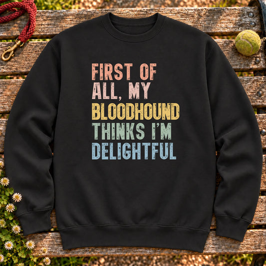 “First of all, my Bloodhound thinks I’m delightful” text on a Black sweatshirt
