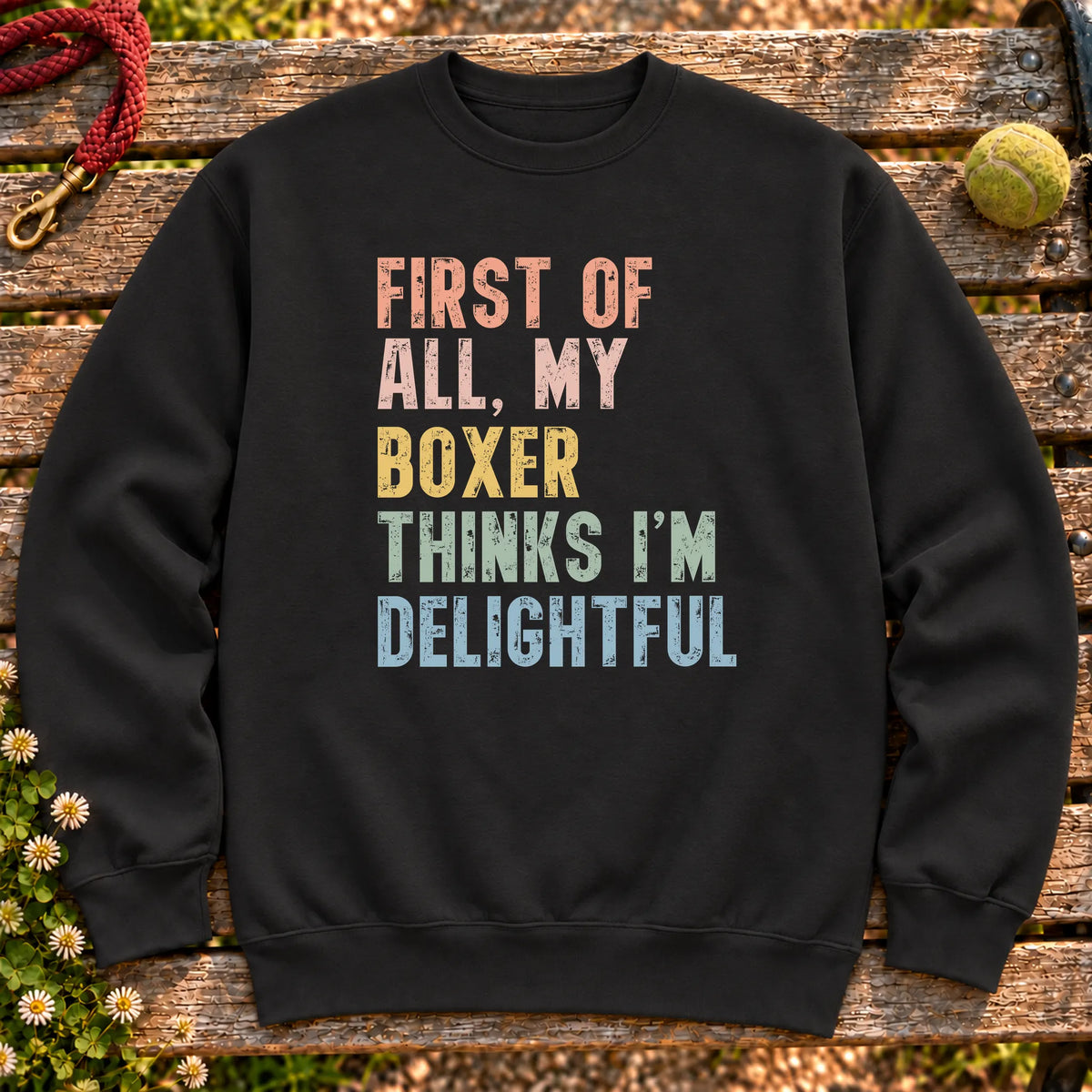 “First of all, my Boxer thinks I’m delightful” text on a Black sweatshirt