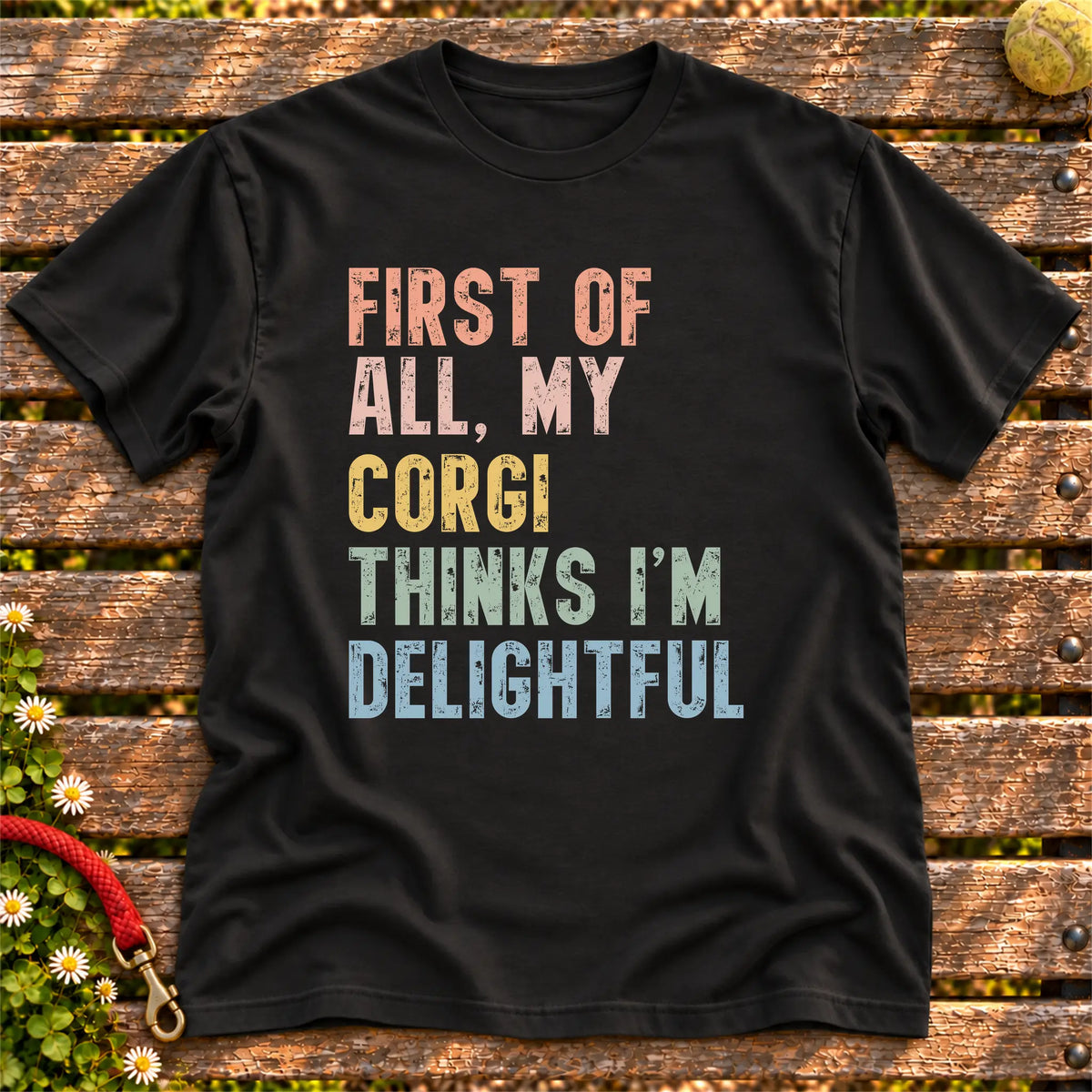 “First of all, my Corgi thinks I’m delightful” text on a Black T-shirt