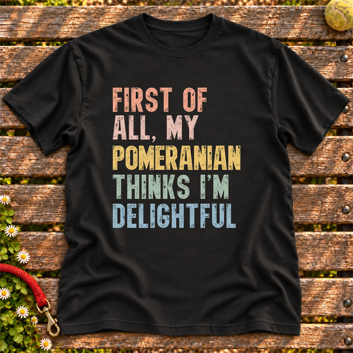 “First of all, my Pomeranian thinks I’m delightful” text on a Black T-shirt