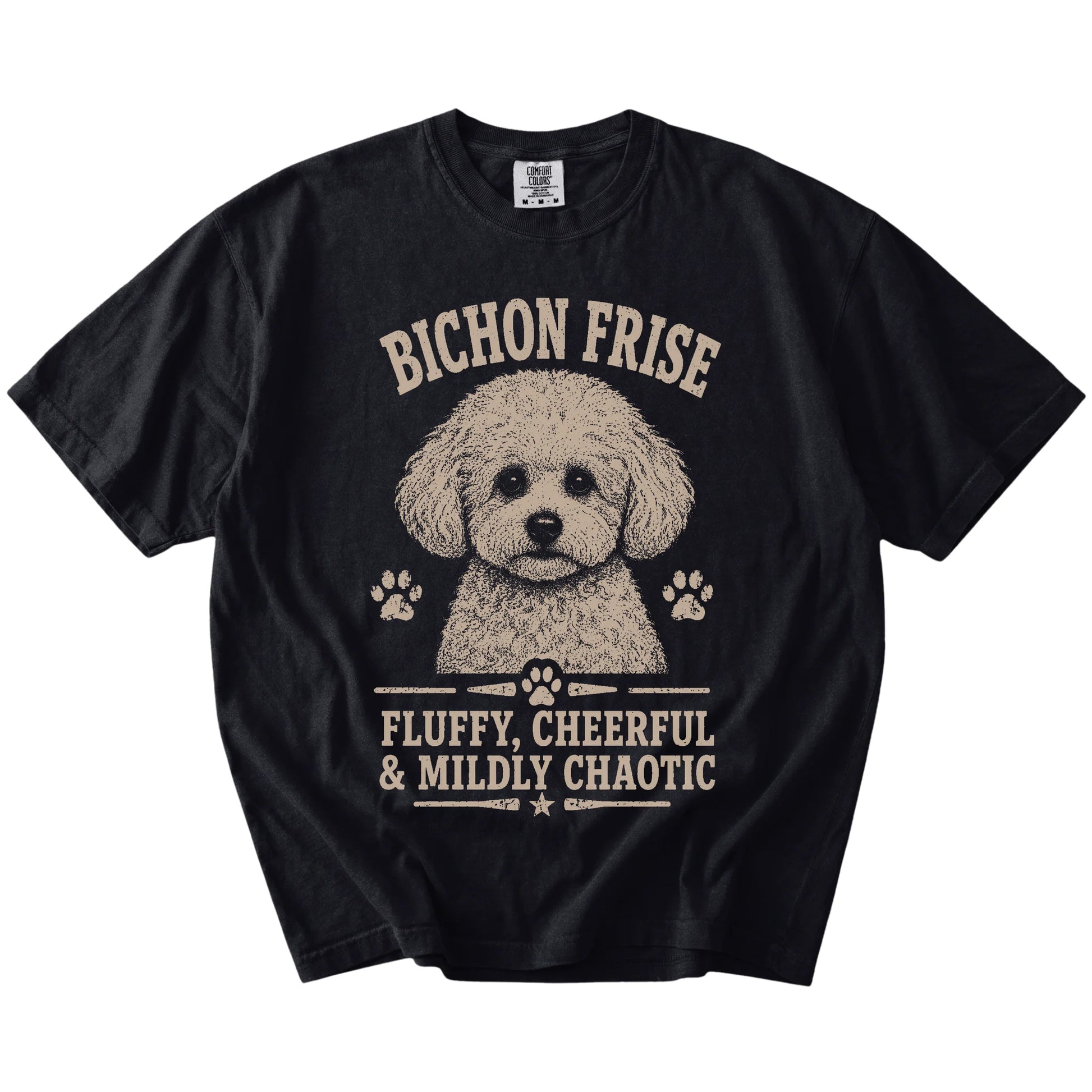 Bichon Frise personality design with “Fluffy, Cheerful & Mildly Chaotic” lettering on a Black Comfort Colors® T-shirt
