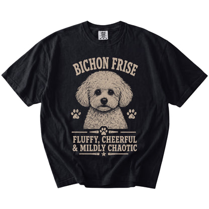 Bichon Frise personality design with “Fluffy, Cheerful & Mildly Chaotic” lettering on a Black Comfort Colors® T-shirt