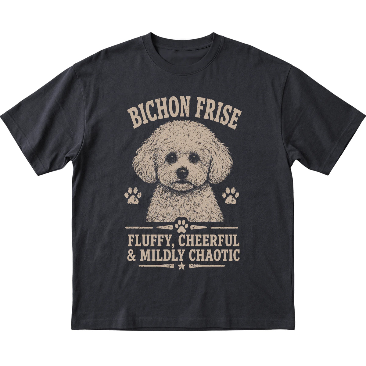 Black T-shirt featuring Fluffy, Cheerful & Mildly Chaotic - Bichon Frise, laid-flat presentation