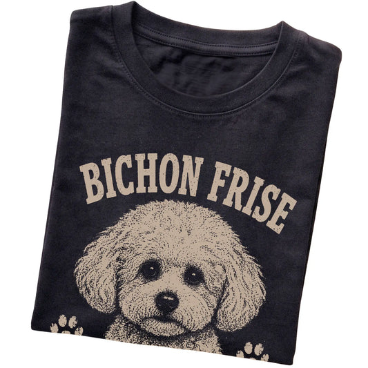 Black T-shirt featuring Fluffy, Cheerful & Mildly Chaotic - Bichon Frise, folded presentation