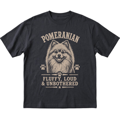 Black T-shirt featuring Fluffy, Loud & Unbothered - Pomeranian, laid-flat presentation