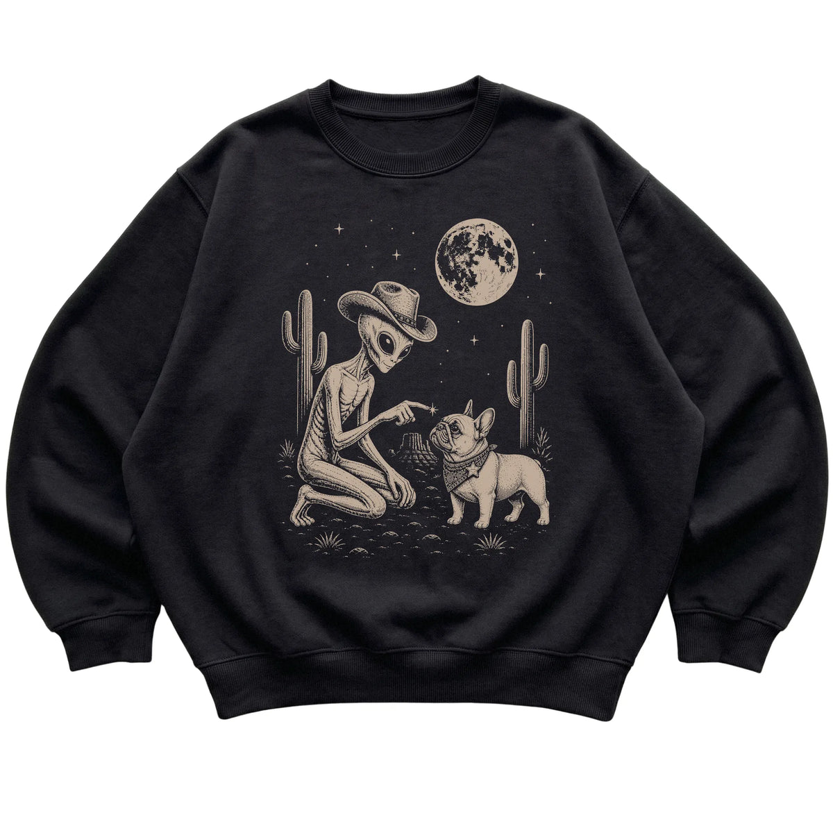 Black crewneck sweatshirt featuring French Bulldog Cowboy and Alien, laid-flat presentation