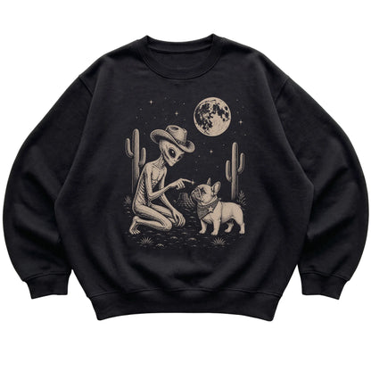 Black crewneck sweatshirt featuring French Bulldog Cowboy and Alien, laid-flat presentation