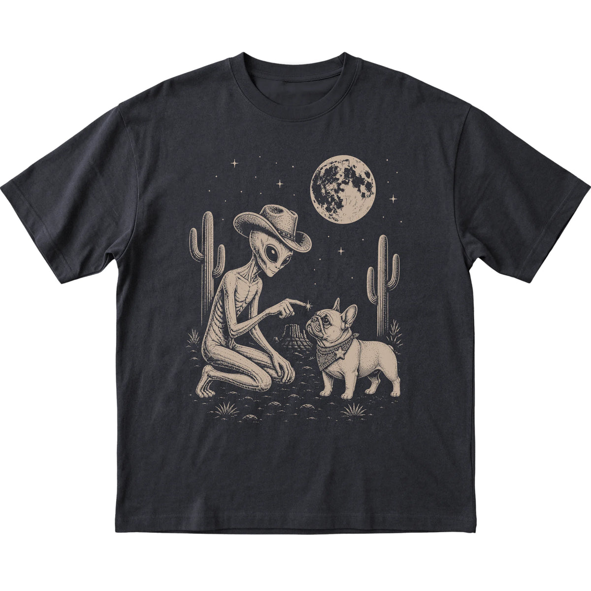 Black T-shirt featuring French Bulldog Cowboy and Alien, laid-flat presentation