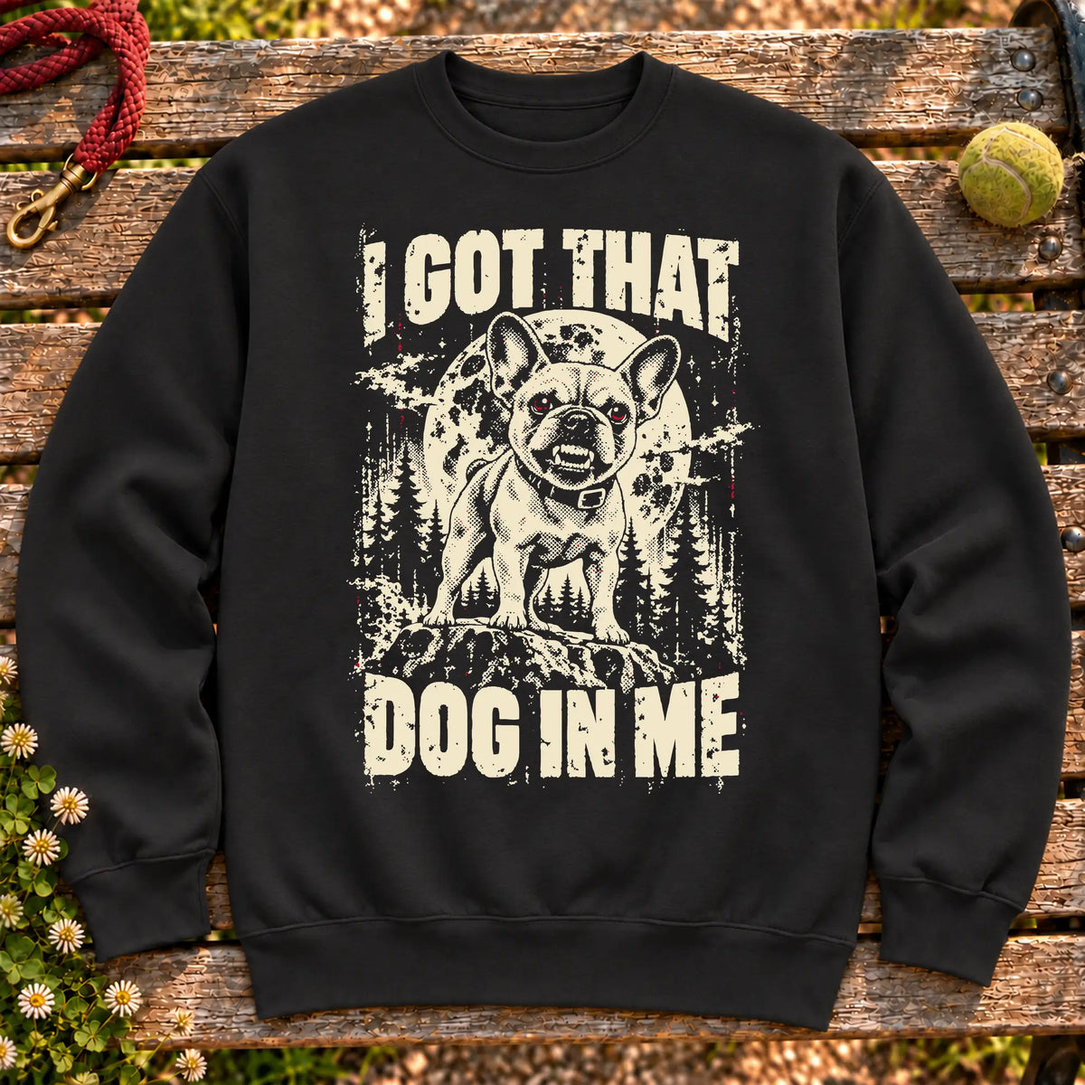 Black French Bulldog I Got That Dog in Me sweatshirt, full garment view