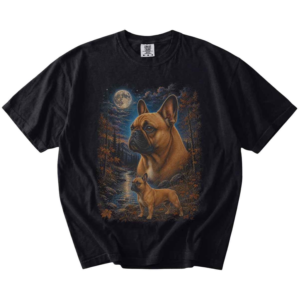 French Bulldog in a moonlit fall forest scene on a Black Comfort Colors® t-shirt