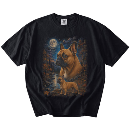 French Bulldog in a moonlit fall forest scene on a Black Comfort Colors® t-shirt