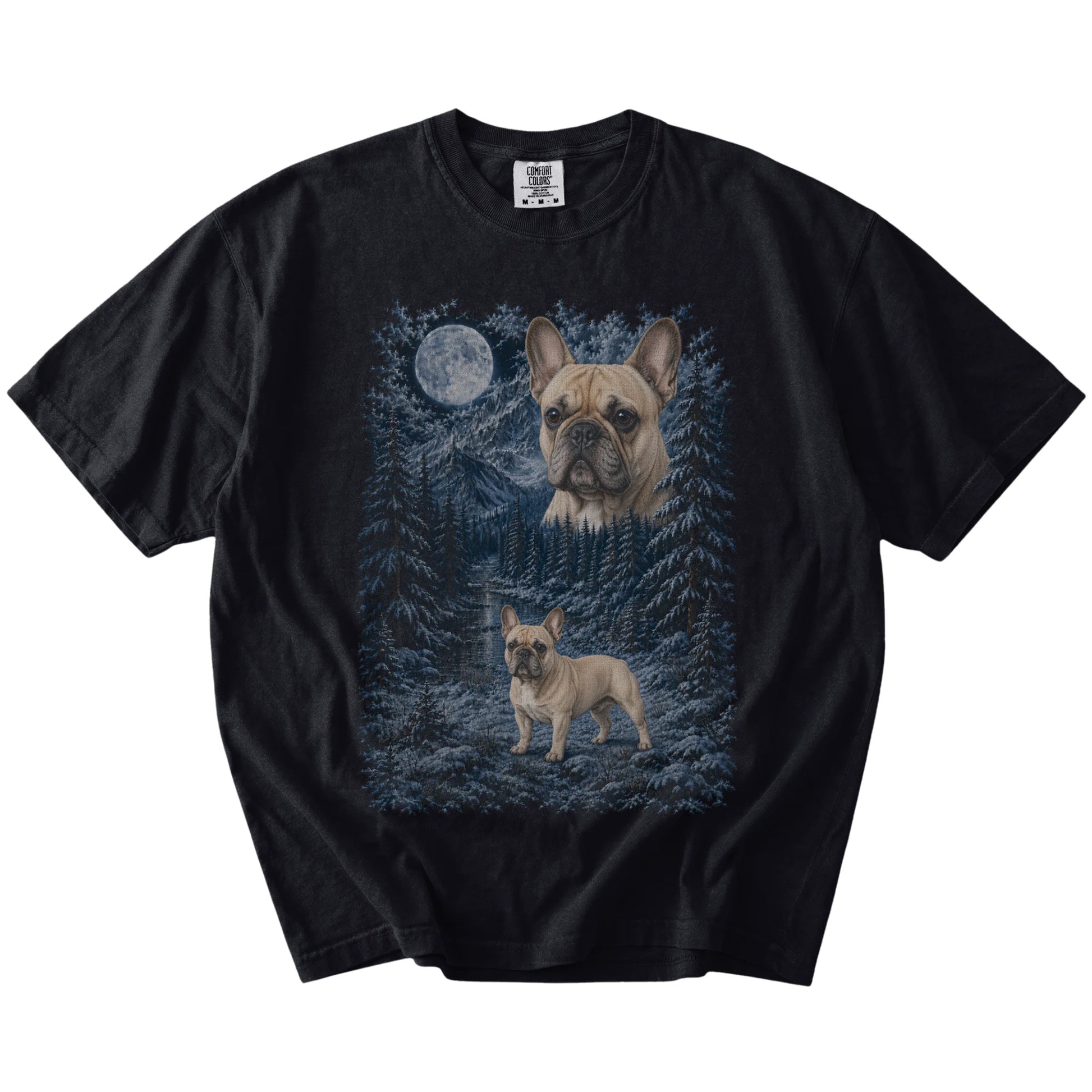 French Bulldog in a snowy winter forest on a Black t-shirt