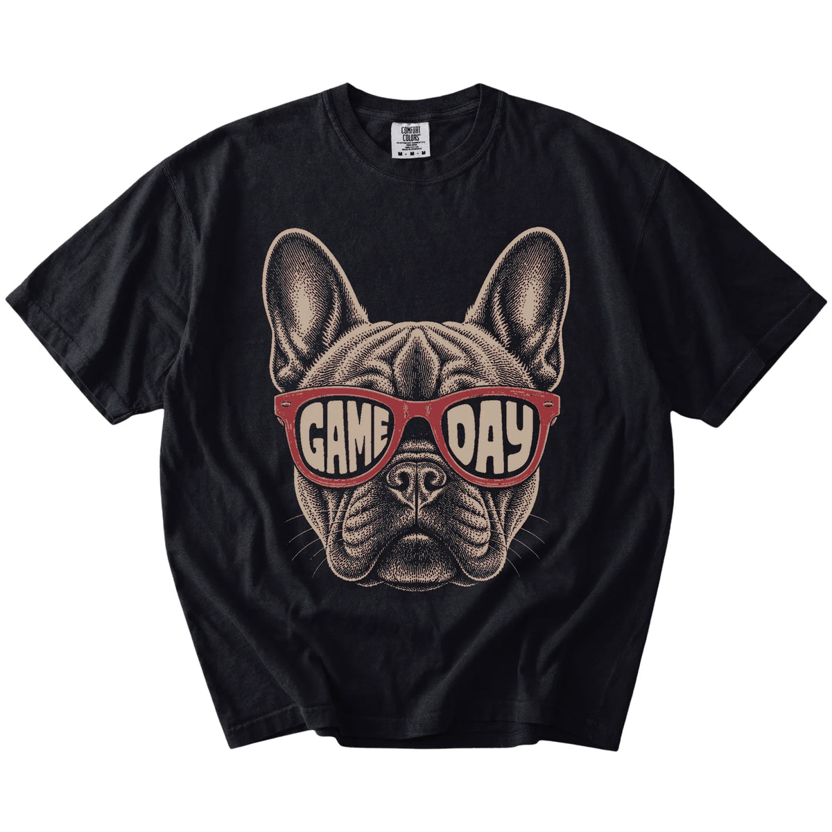 French Bulldog wearing red Game Day sunglasses on a Black Comfort Colors® T-shirt