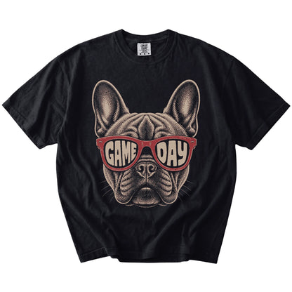 French Bulldog wearing red Game Day sunglasses on a Black Comfort Colors® T-shirt