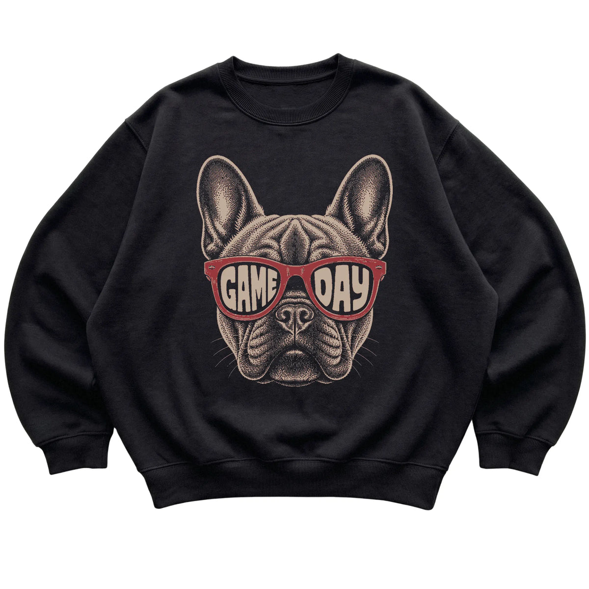 Black French Bulldog Game Day Sunglasses sweatshirt, laid flat