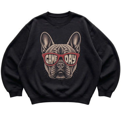 Black French Bulldog Game Day Sunglasses sweatshirt, laid flat