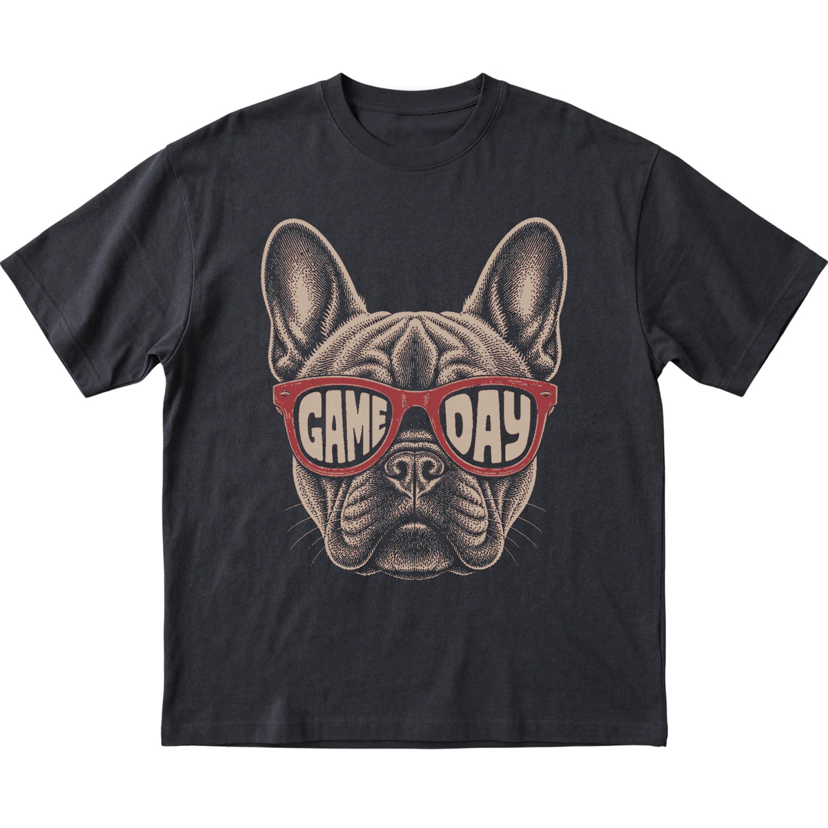 Black French Bulldog Game Day Sunglasses T-shirt, laid flat