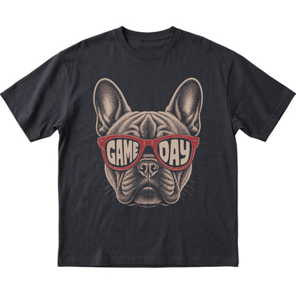 Black French Bulldog Game Day Sunglasses T-shirt, laid flat