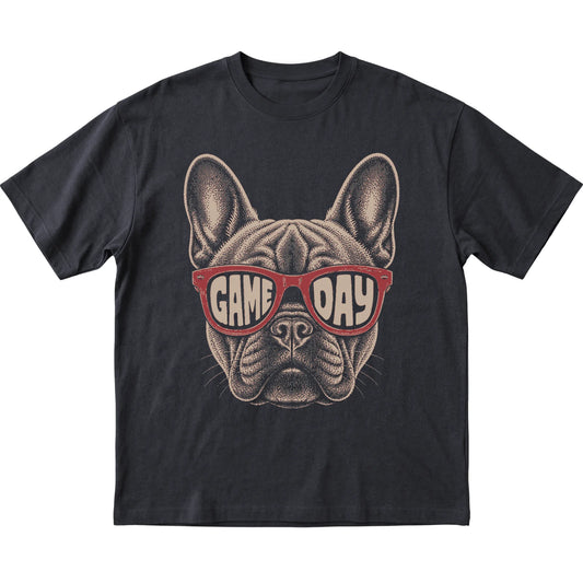 Black French Bulldog Game Day Sunglasses T-shirt, laid flat