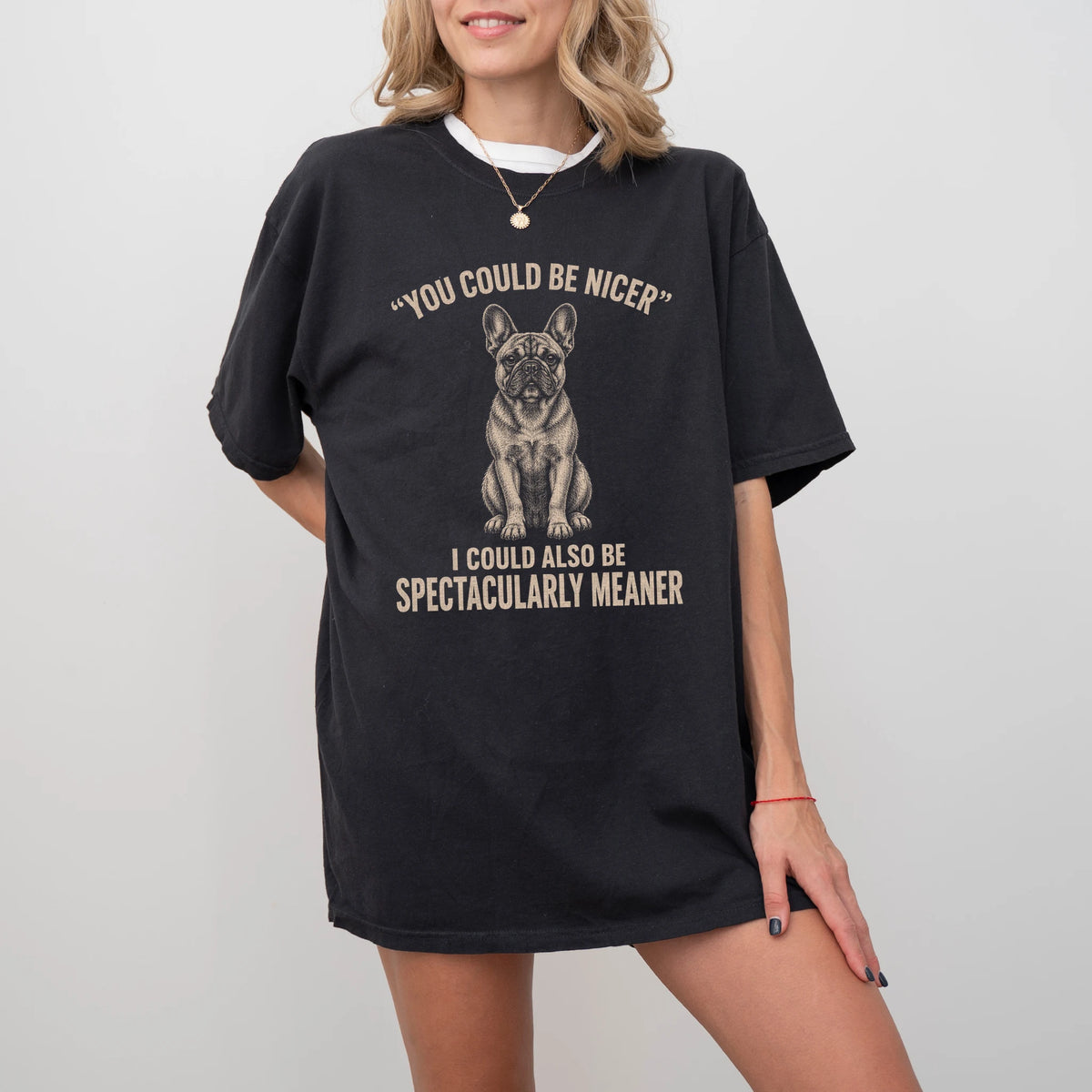 French Bulldog Guard Dog T-Shirt in Black worn in a studio setting