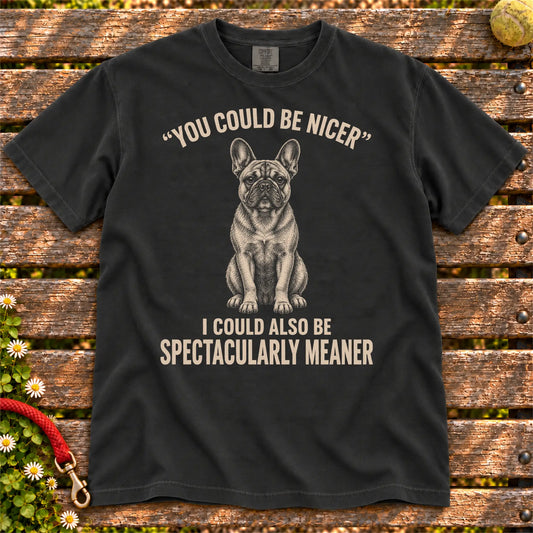 French Bulldog Guard Dog design on a Black Comfort Colors T-shirt, shown flat