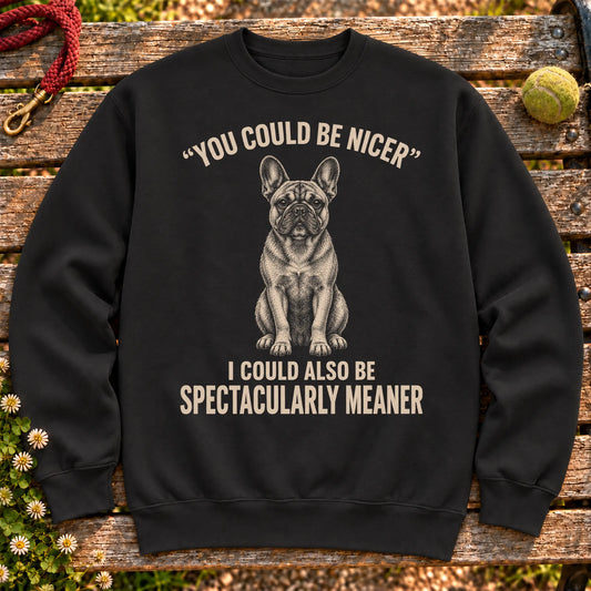 French Bulldog Guard Dog on a Black crewneck sweatshirt, shown flat