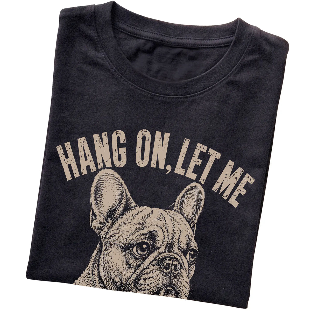 Black T-shirt featuring Overthinking French Bulldog, folded presentation