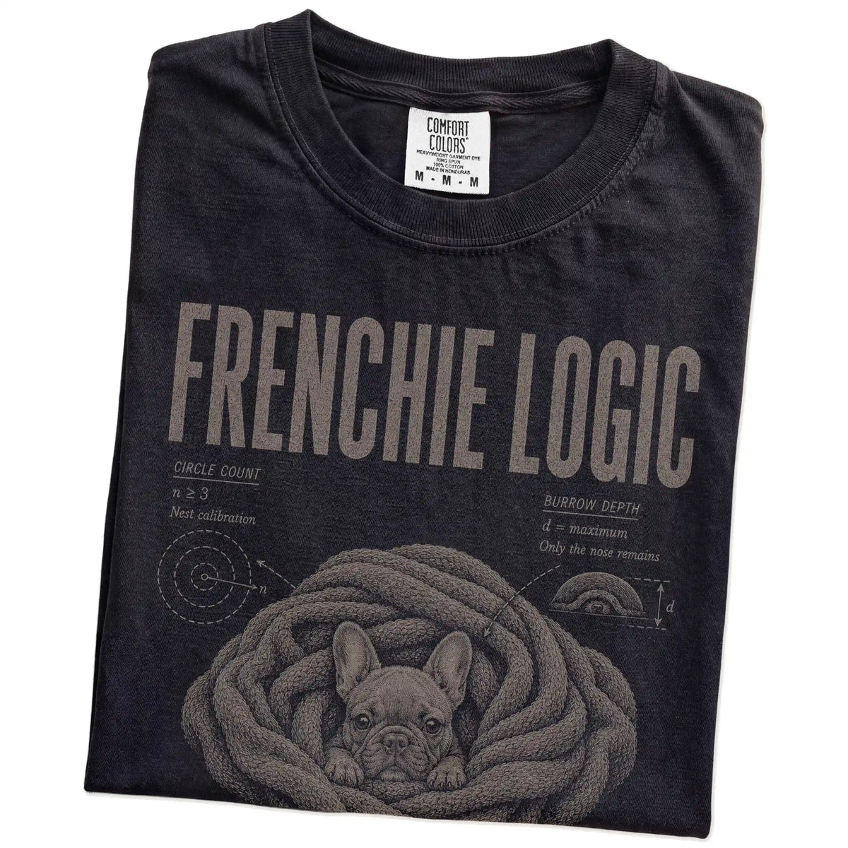 Folded Black French Bulldog Logic T-Shirt showing the graphic