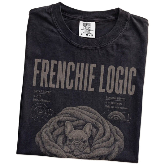 Folded Black French Bulldog Logic T-Shirt showing the graphic