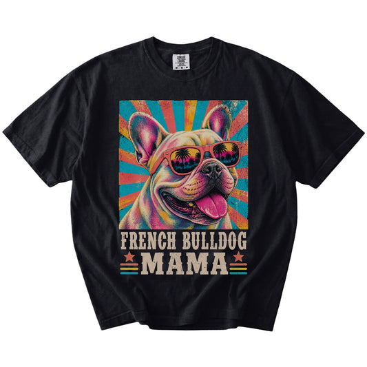 Retro French Bulldog Mama design on a Black Comfort Colors T-shirt