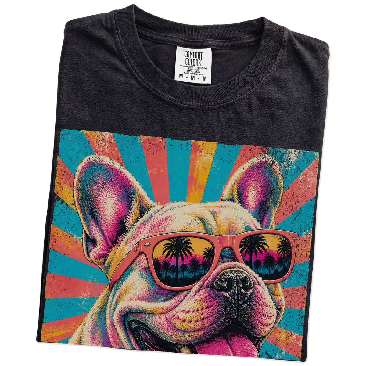 Retro French Bulldog Mama design on a Black Comfort Colors T-shirt folded detail