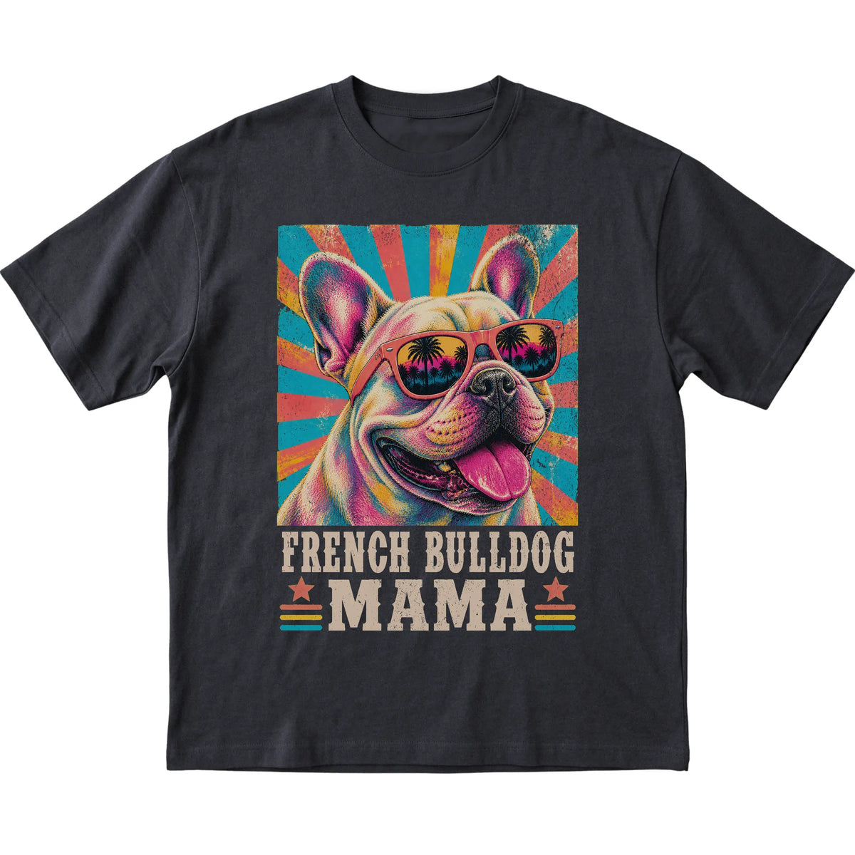 Retro French Bulldog Mama design on a Black softstyle T-shirt