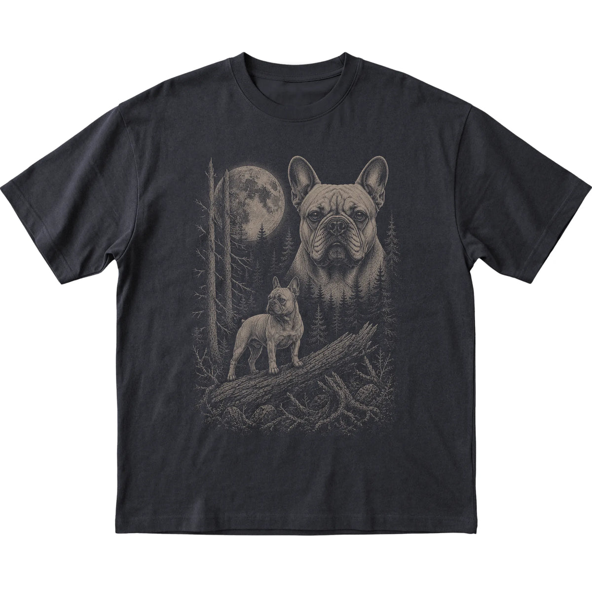 French Bulldog Moonlit Forest graphic on a black Softstyle T-shirt laid flat