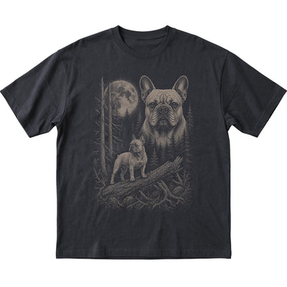 French Bulldog Moonlit Forest graphic on a black Softstyle T-shirt laid flat