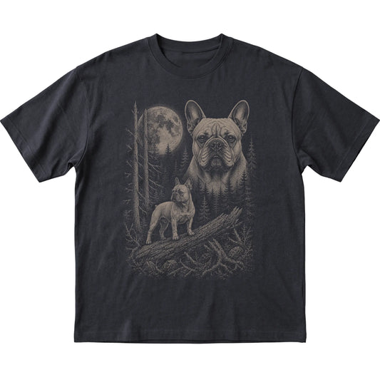 French Bulldog Moonlit Forest graphic on a black Softstyle T-shirt laid flat