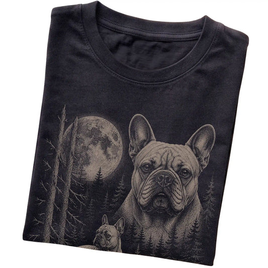Folded black Softstyle T-shirt showing the French Bulldog Moonlit Forest graphic