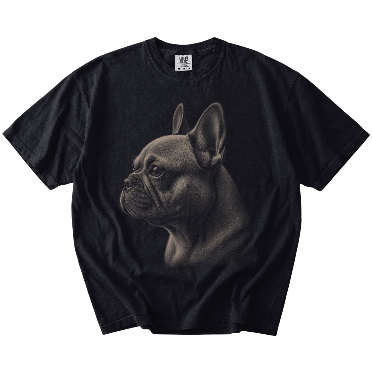 A detailed photographic portrait of a French Bulldog on a Black Comfort Colors® T-shirt