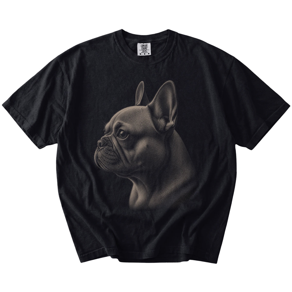 A detailed photographic portrait of a French Bulldog on a Black Comfort Colors® T-shirt