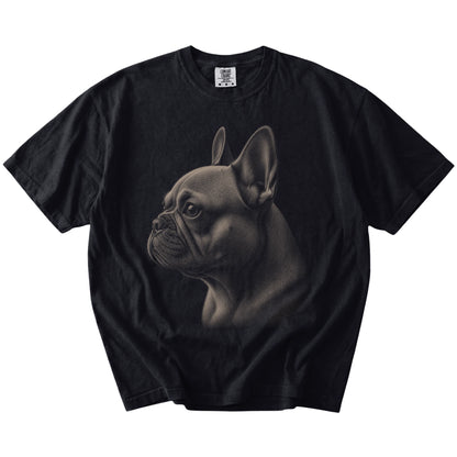 A detailed photographic portrait of a French Bulldog on a Black Comfort Colors® T-shirt