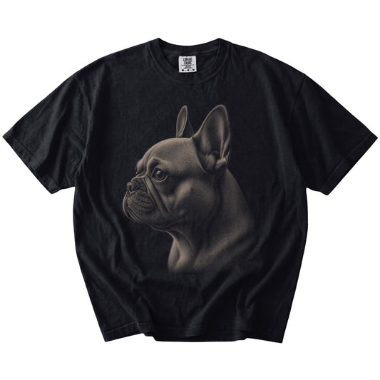 A detailed photographic portrait of a French Bulldog on a Black Comfort Colors® T-shirt