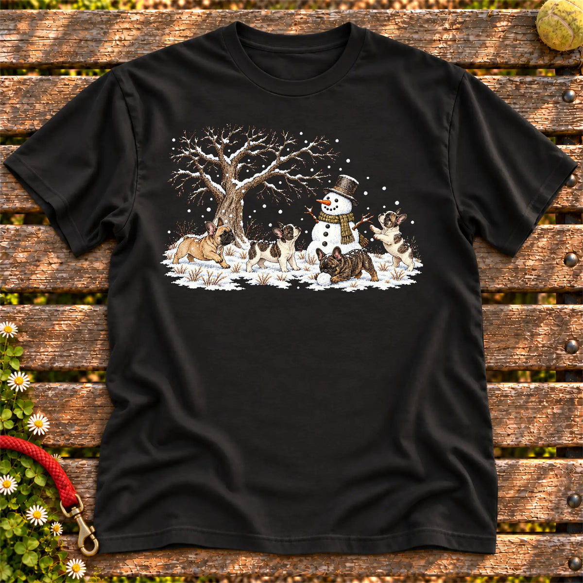 French Bulldog puppies playing in snow with a snowman on a Black T-shirt