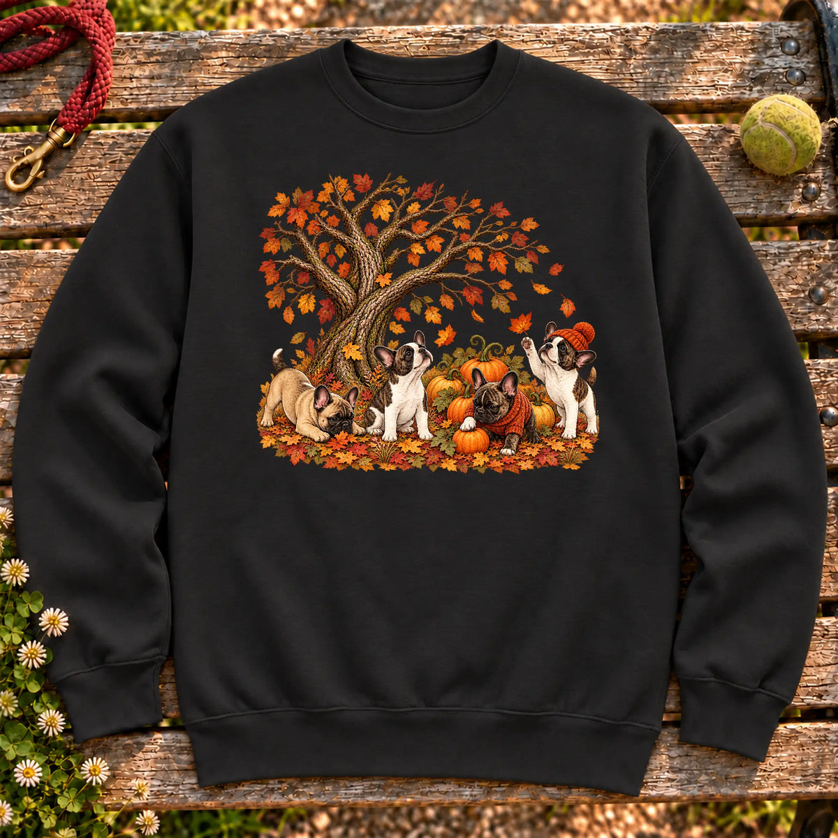 Four French Bulldog puppies with pumpkins beneath an autumn tree on a Black crewneck sweatshirt