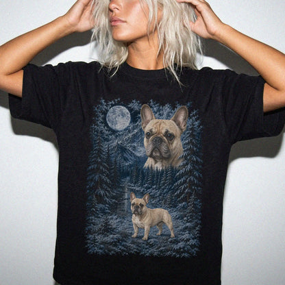 Model wearing a black T-shirt with French Bulldog Winter Moon artwork.